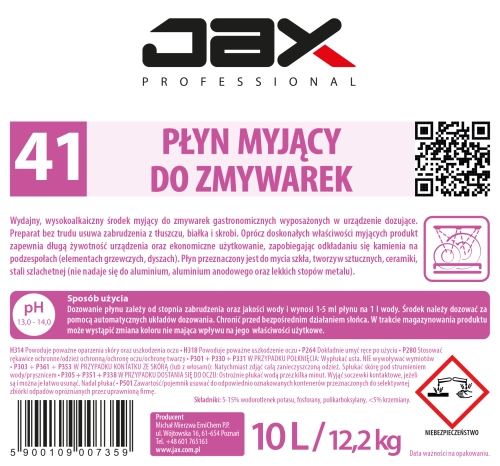 JAX Professional 41 10L płyn myjący do zmywarek gastronomicznych etykieta